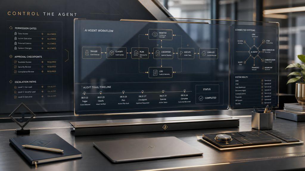 Operational boundary map for AI agents showing permissions, audit trails, and escalation paths